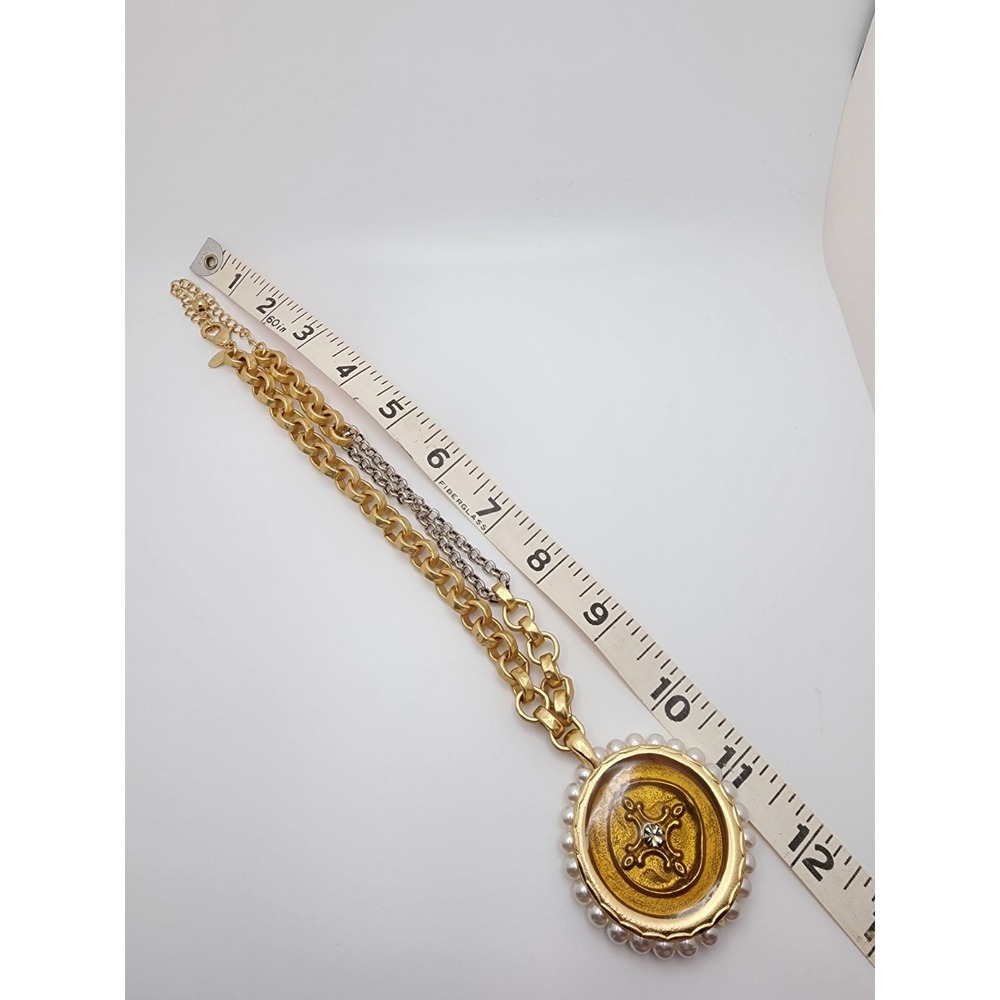 Chico's Gold & Silver Tone Faux Pearl Medallion Cross Pendant Statement Necklace - Picture 9 of 10